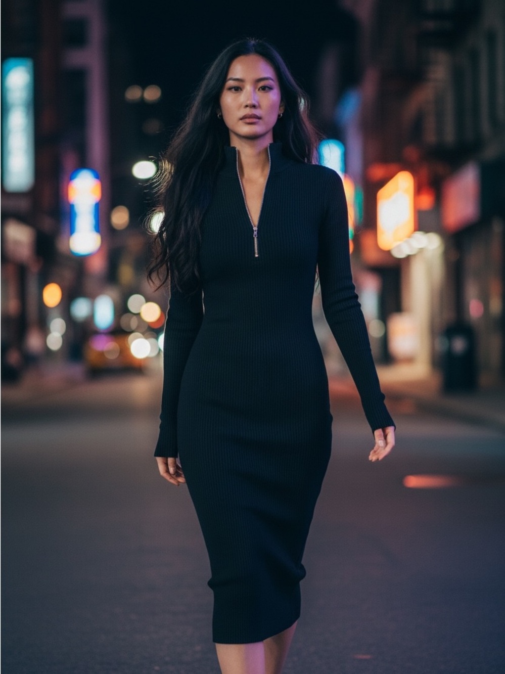 Rag & Bone Long Sleeve Black Zip-Front Ribbed Dress